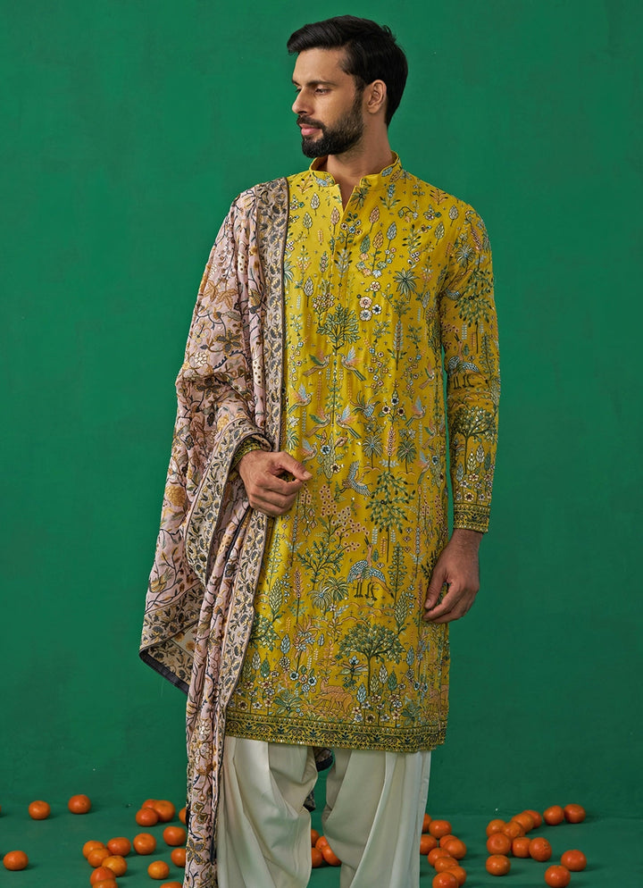 Yellow Embroidered Georgette Kurta Set with Contasting Pantss Kalpraag - Fabilicious Fashion