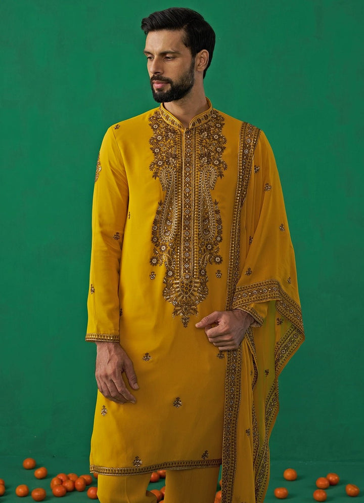 Yellow Embroidered Georgette Kurta Set Kalpraag - Fabilicious Fashion