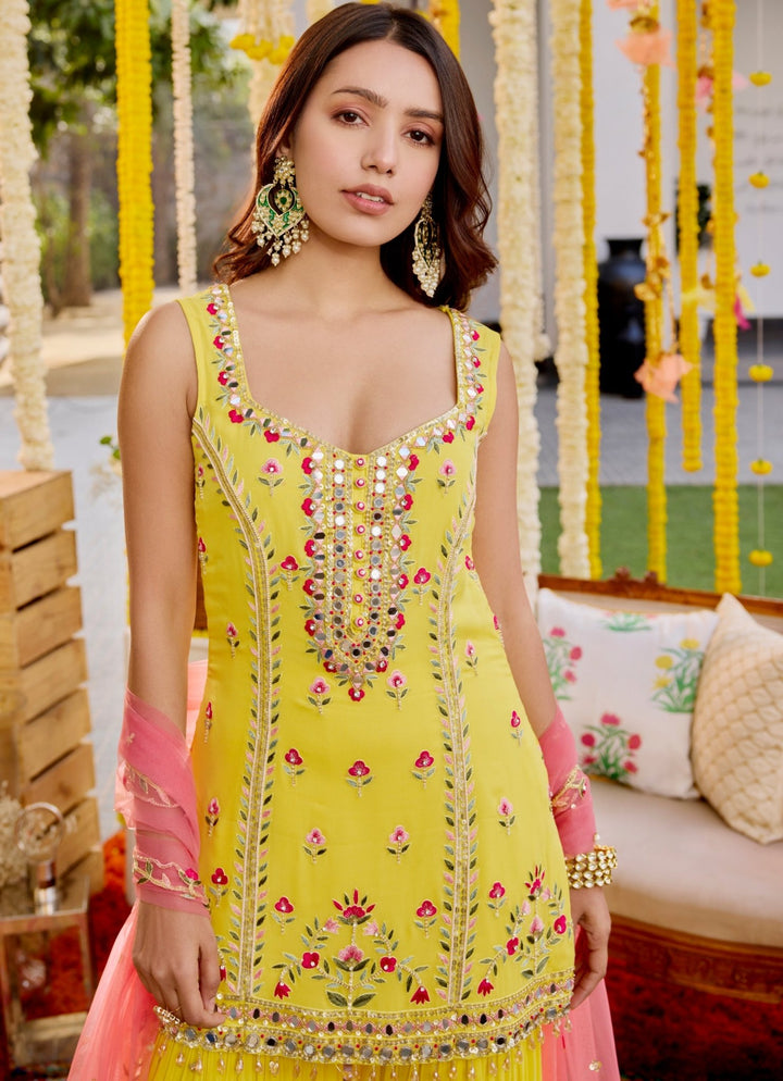 Yellow Embroidered Georgette Kurta Sharara Set Sanya Gulati - Fabilicious Fashion