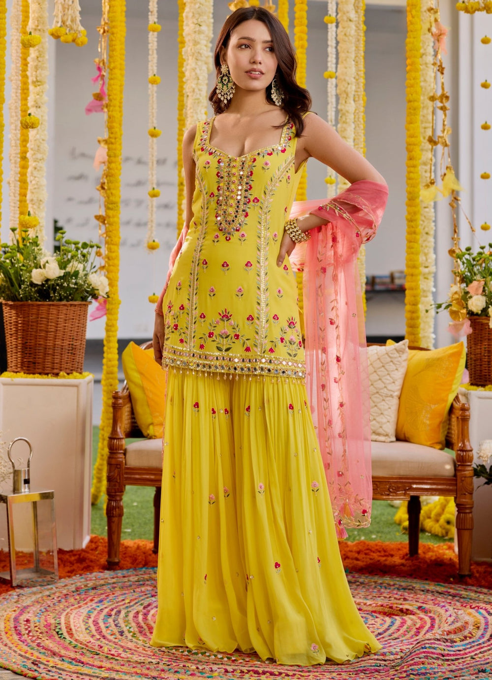 Yellow Embroidered Georgette Kurta Sharara Set Sanya Gulati - Fabilicious Fashion