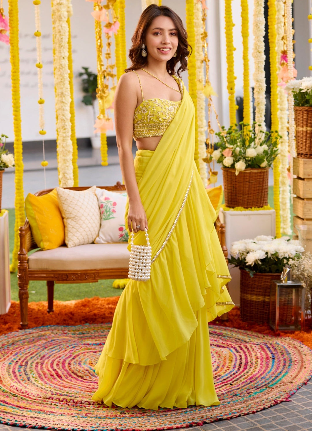 Yellow Embroidered Georgette Predraped Ruffle Saree With Bustier Sanya Gulati - Fabilicious Fashion