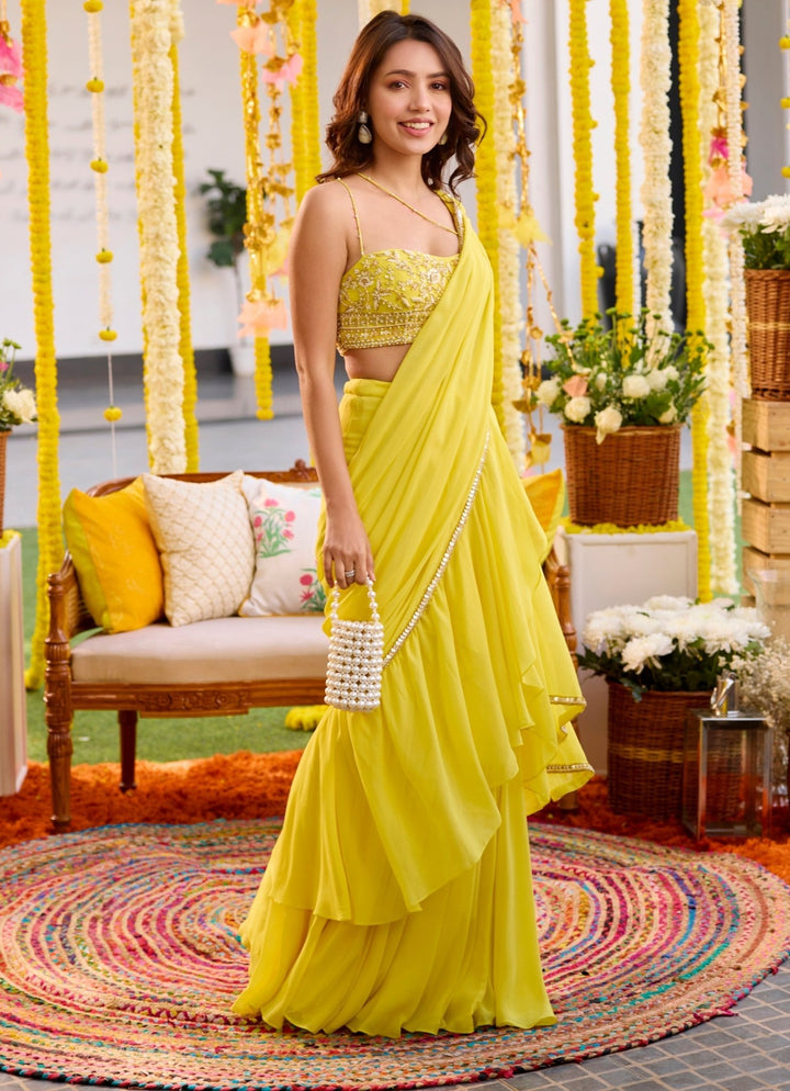 Yellow Embroidered Georgette Predraped Ruffle Saree With Bustier Sanya Gulati - Fabilicious Fashion