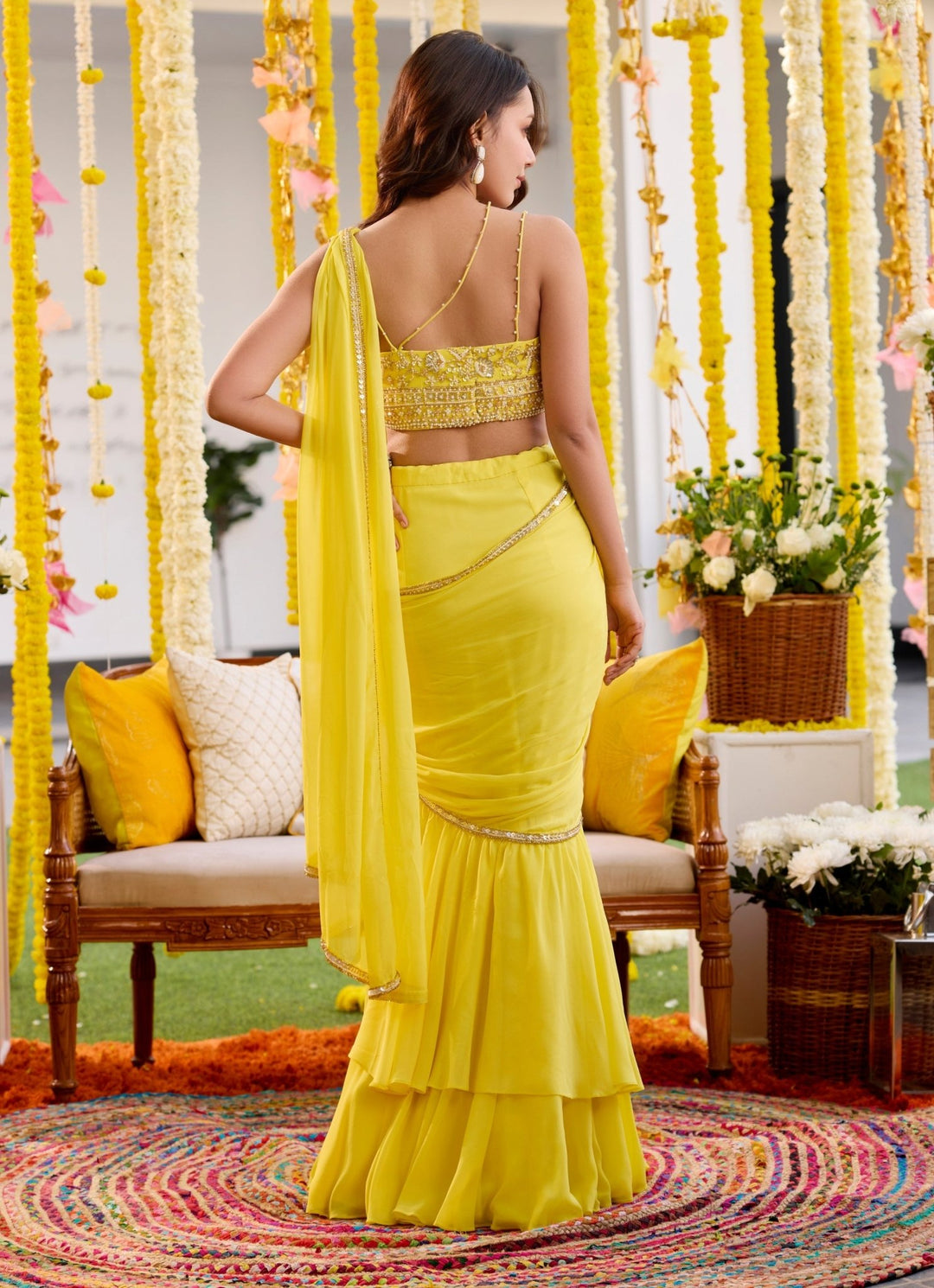 Yellow Embroidered Georgette Predraped Ruffle Saree With Bustier Sanya Gulati - Fabilicious Fashion