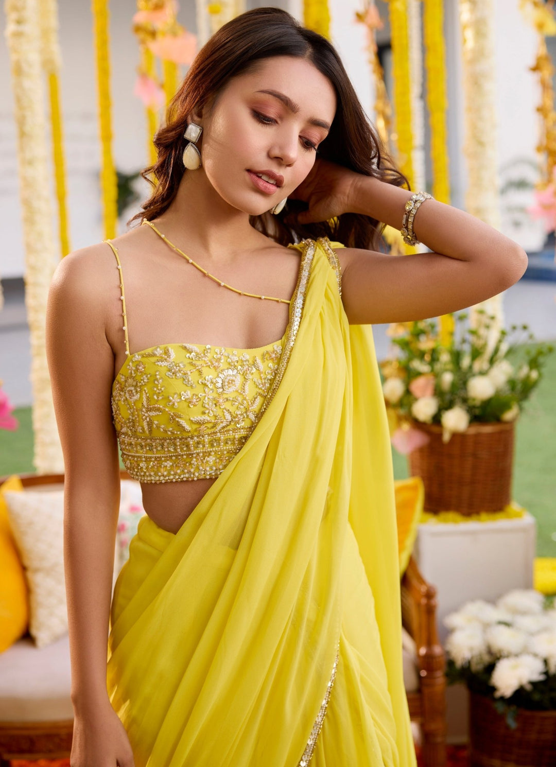 Yellow Embroidered Georgette Predraped Ruffle Saree With Bustier Sanya Gulati - Fabilicious Fashion