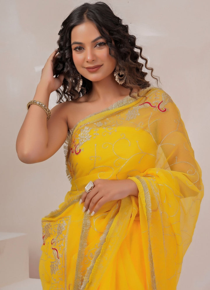 Geroo Jaipur Yellow Embroidered Georgette SareeFabilicious Fashion