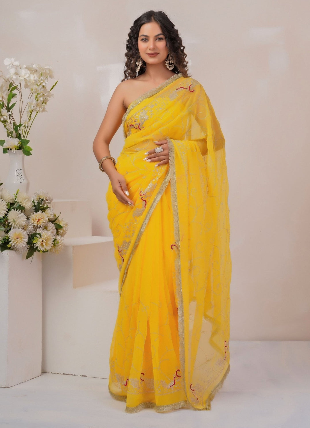 Geroo Jaipur Yellow Embroidered Georgette SareeFabilicious Fashion