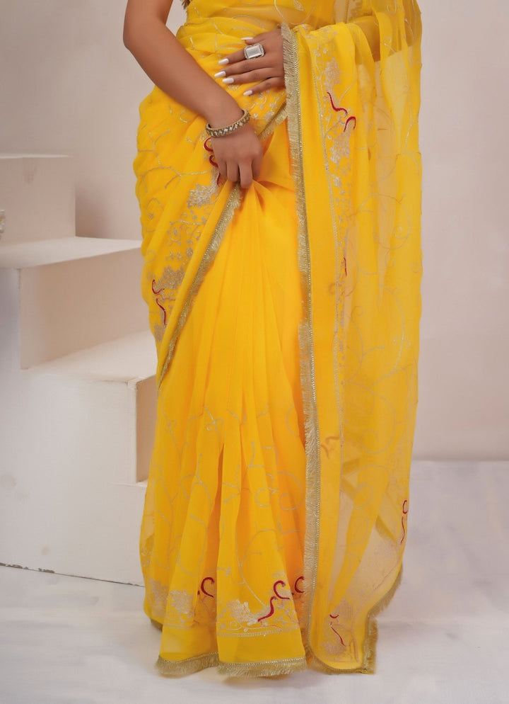 Geroo Jaipur Yellow Embroidered Georgette SareeFabilicious Fashion