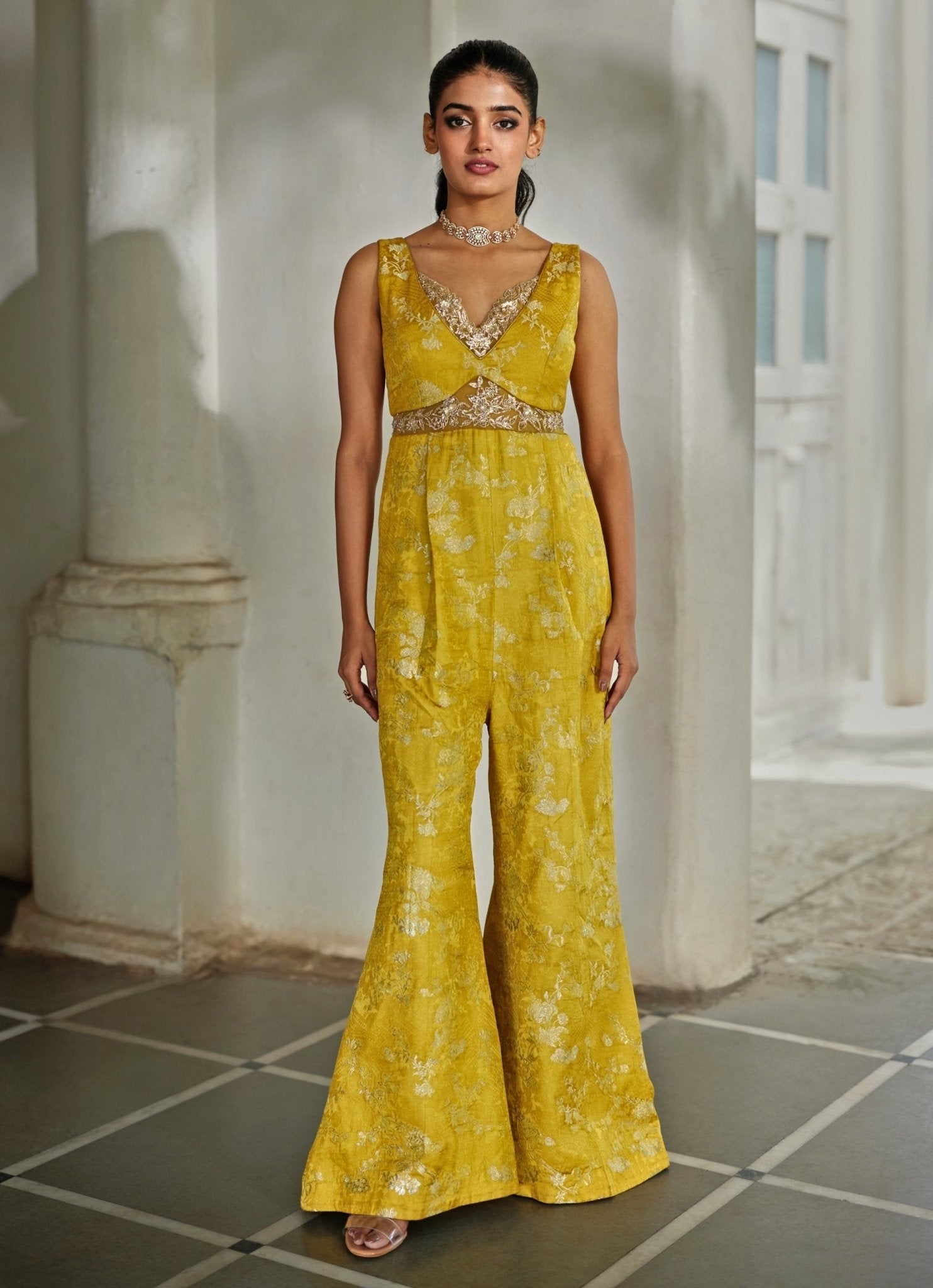 Yellow embroidered jacquard Indian jumpsuit Paulmi and Harsh