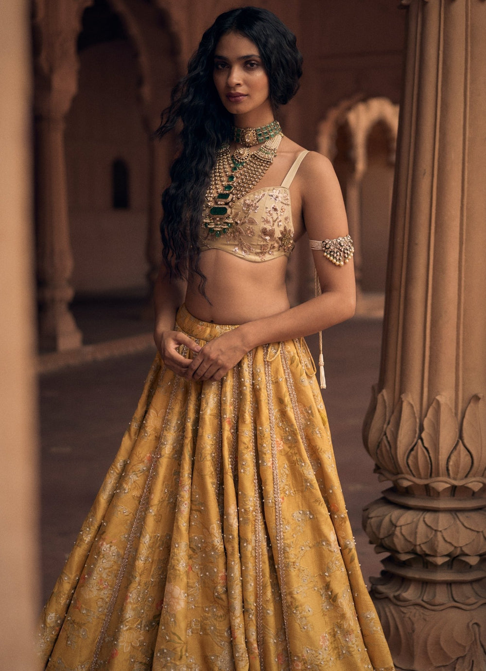 Yellow Embroidered Jacquard Lehenga Set Paulmi and Harsh - Fabilicious Fashion