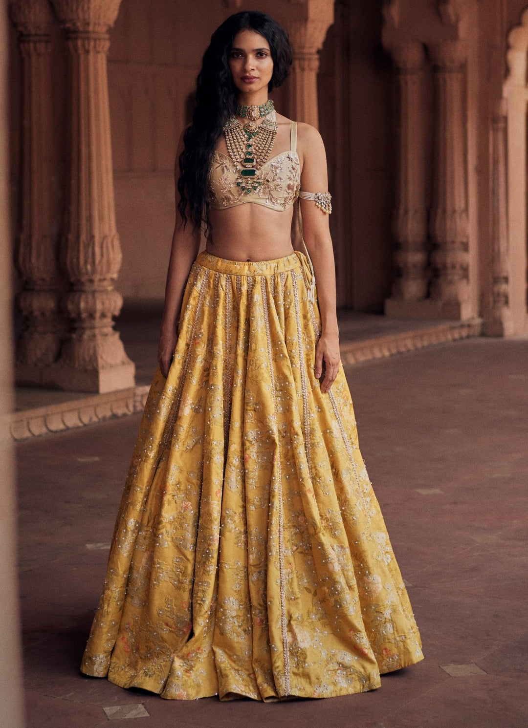 Yellow Embroidered Jacquard Lehenga Set Paulmi and Harsh - Fabilicious Fashion