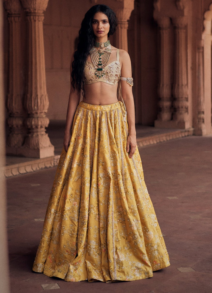 Yellow Embroidered Jacquard Lehenga Set Paulmi and Harsh - Fabilicious Fashion