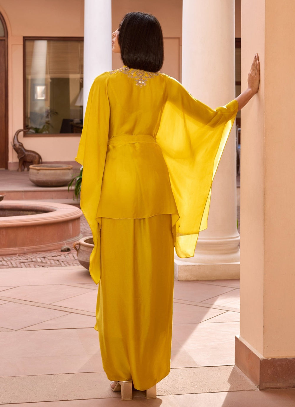 Yellow Embroidered Kimono Top With Belt Isha Gupta Tayal - Fabilicious Fashion