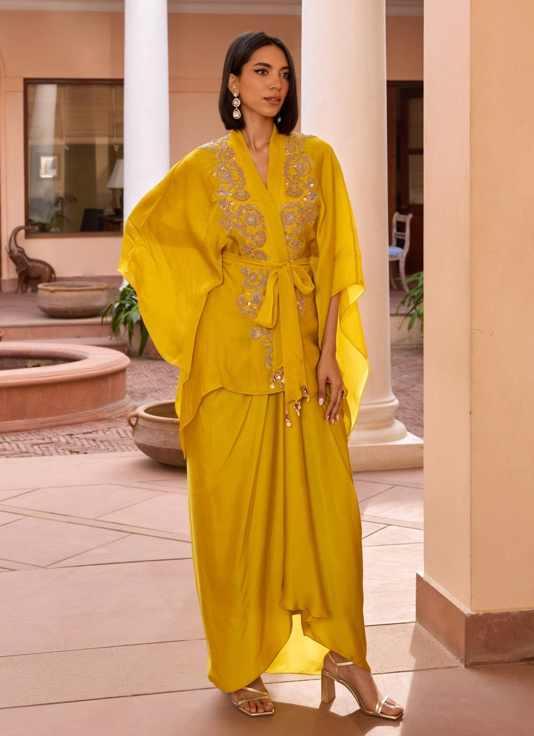 Yellow Embroidered Kimono Top With Drape Skirt Isha Gupta Tayal - Fabilicious Fashion