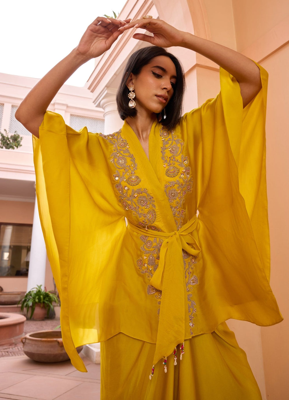 Yellow Embroidered Kimono Top With Drape Skirt Isha Gupta Tayal - Fabilicious Fashion