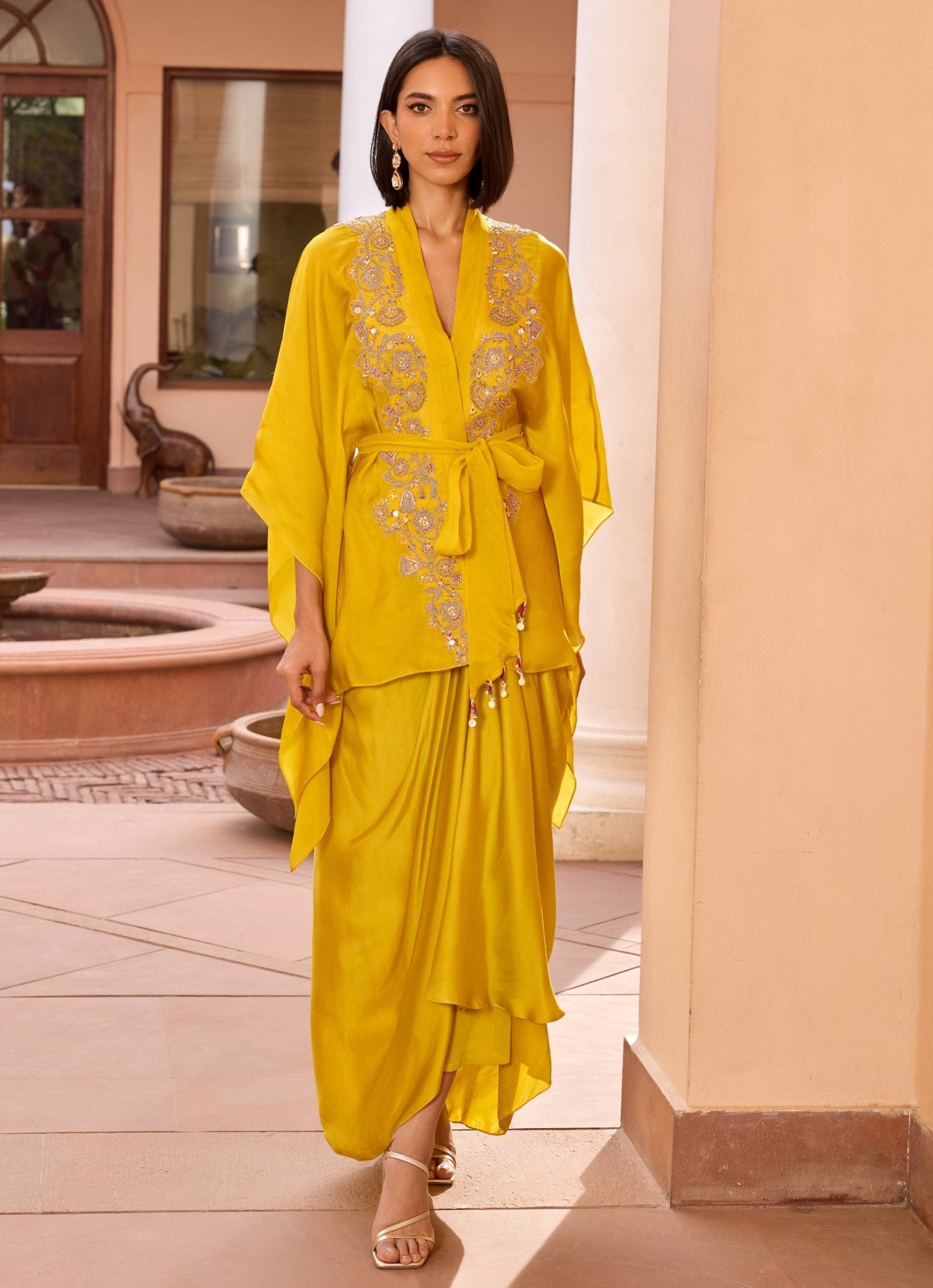 Yellow Indo-Western drape skirt set for haldi wedding guest