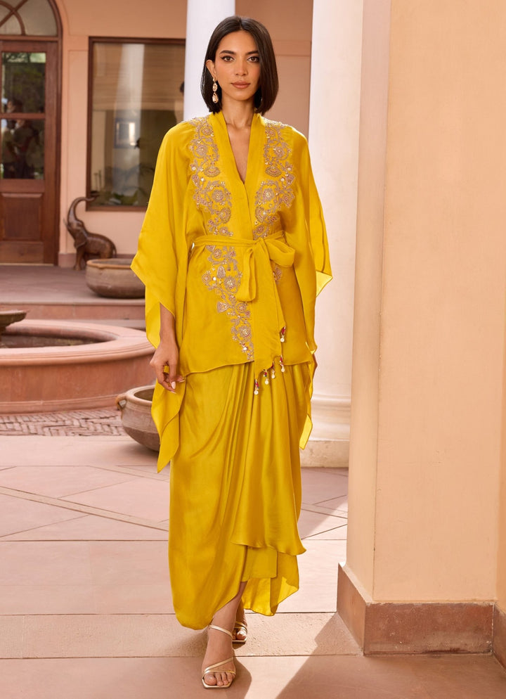 Yellow Embroidered Kimono Top With Drape Skirt Isha Gupta Tayal - Fabilicious Fashion