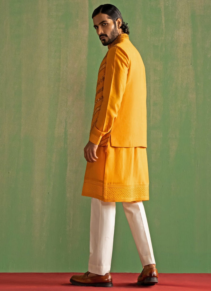 Yellow Embroidered Kurta Bundi Set Studio Bagechaa - Men - Fabilicious Fashion