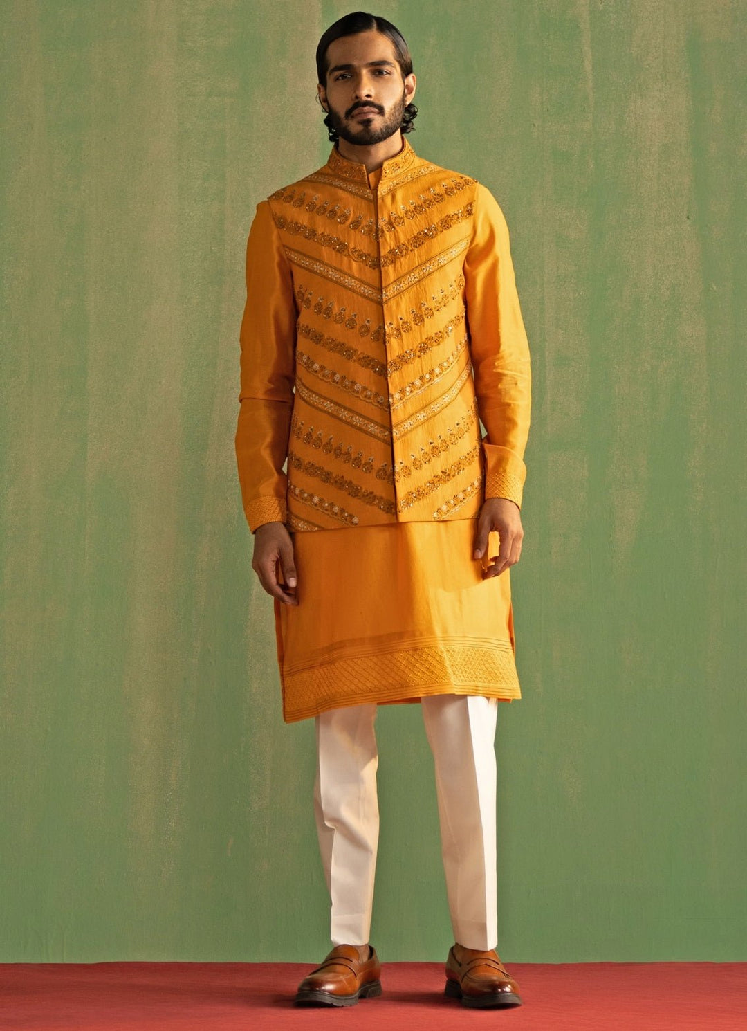 Yellow Embroidered Kurta Bundi Set Studio Bagechaa - Men - Fabilicious Fashion