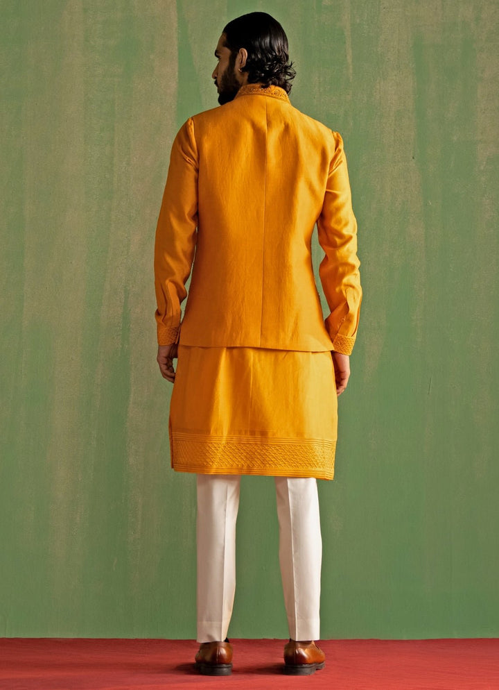 Yellow Embroidered Kurta Bundi Set Studio Bagechaa - Men - Fabilicious Fashion