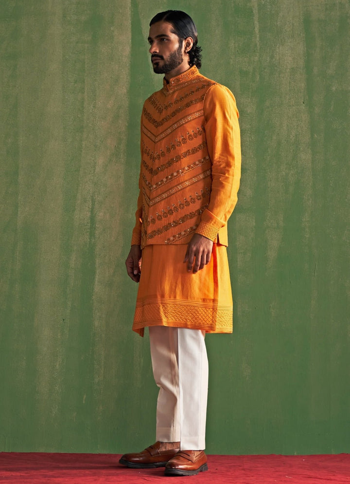 Yellow Embroidered Kurta Bundi Set Studio Bagechaa - Men - Fabilicious Fashion