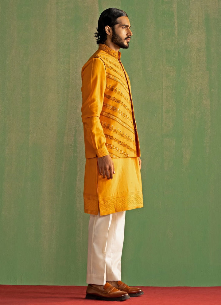 Yellow Embroidered Kurta Bundi Set Studio Bagechaa - Men - Fabilicious Fashion
