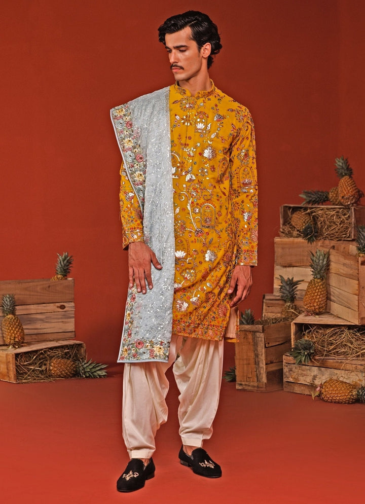 Yellow Embroidered Kurta Patiala Set With Contrast Dupatta Kalpraag - Fabilicious Fashion