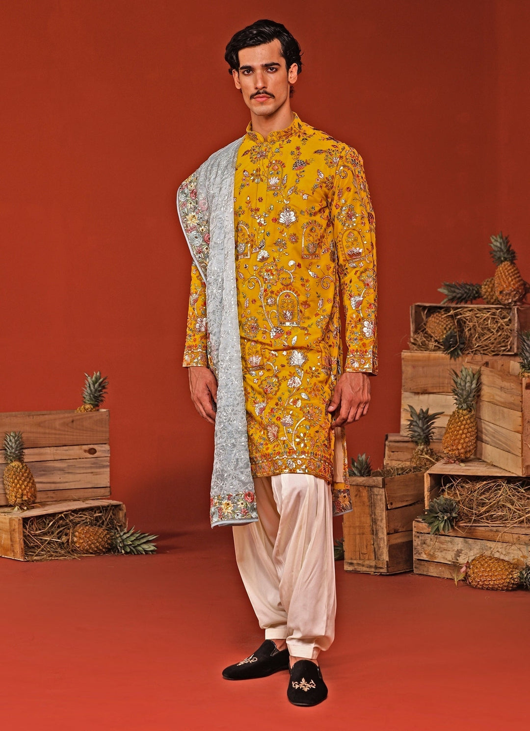Yellow Embroidered Kurta Patiala Set With Contrast Dupatta Kalpraag - Fabilicious Fashion
