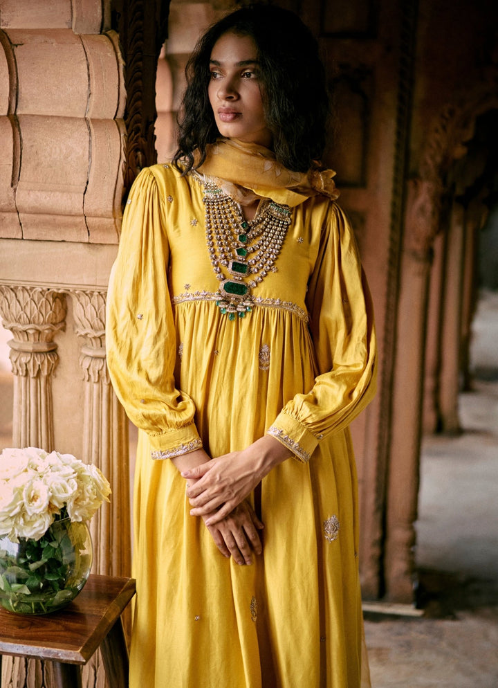Yellow Embroidered Modal Silk Anarkali Set Paulmi and Harsh - Fabilicious Fashion