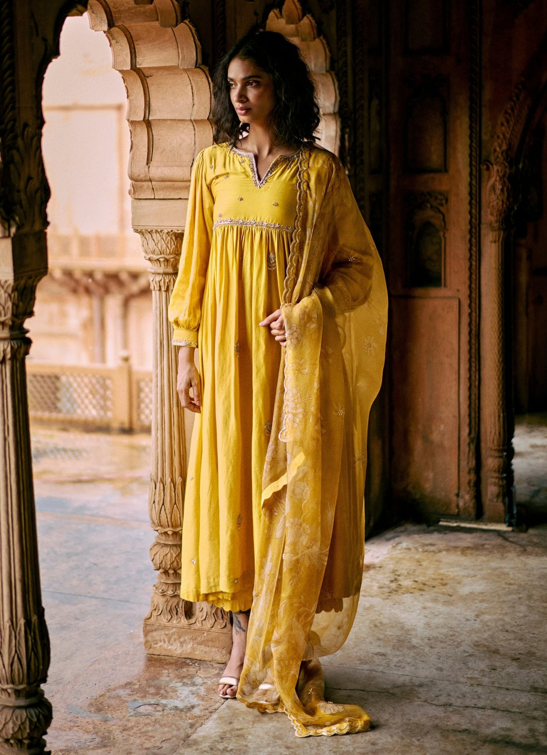 Yellow Embroidered Modal Silk Anarkali Set Paulmi and Harsh - Fabilicious Fashion
