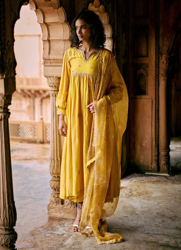 Yellow Embroidered Modal Silk Anarkali Set Paulmi and Harsh - Fabilicious Fashion