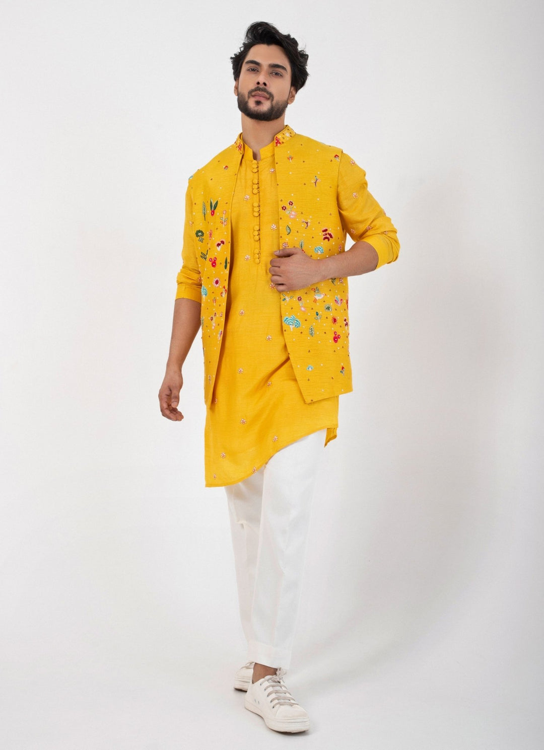 Yellow Embroidered Nehru Jacket And Kurta Pant Set Smriti - Fabilicious Fashion