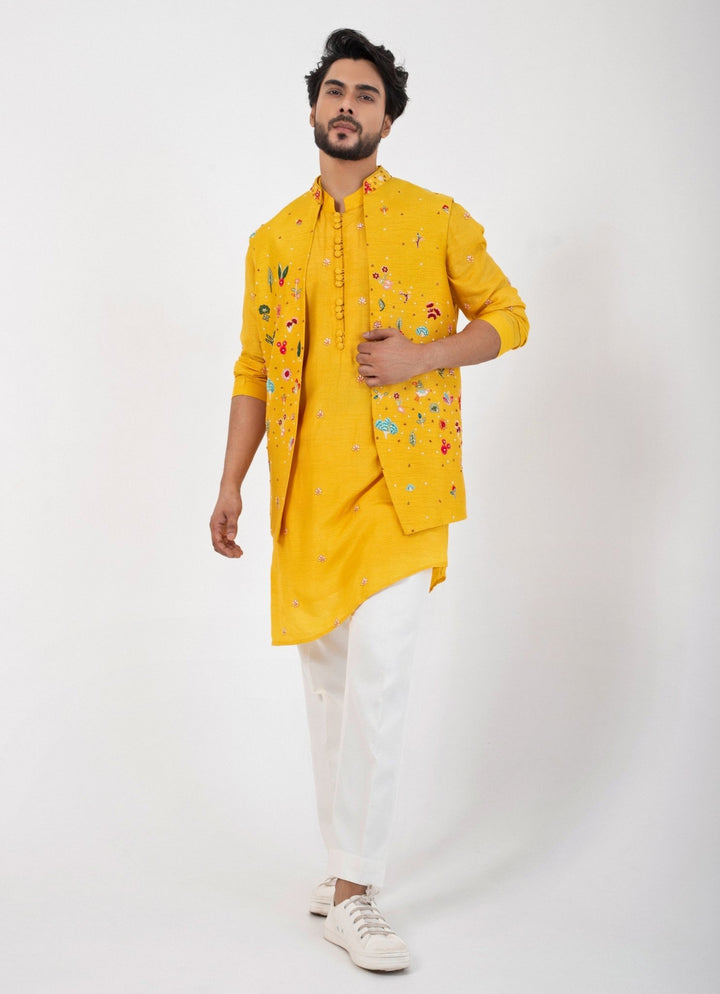 Yellow Embroidered Nehru Jacket And Kurta Pant Set Smriti - Fabilicious Fashion