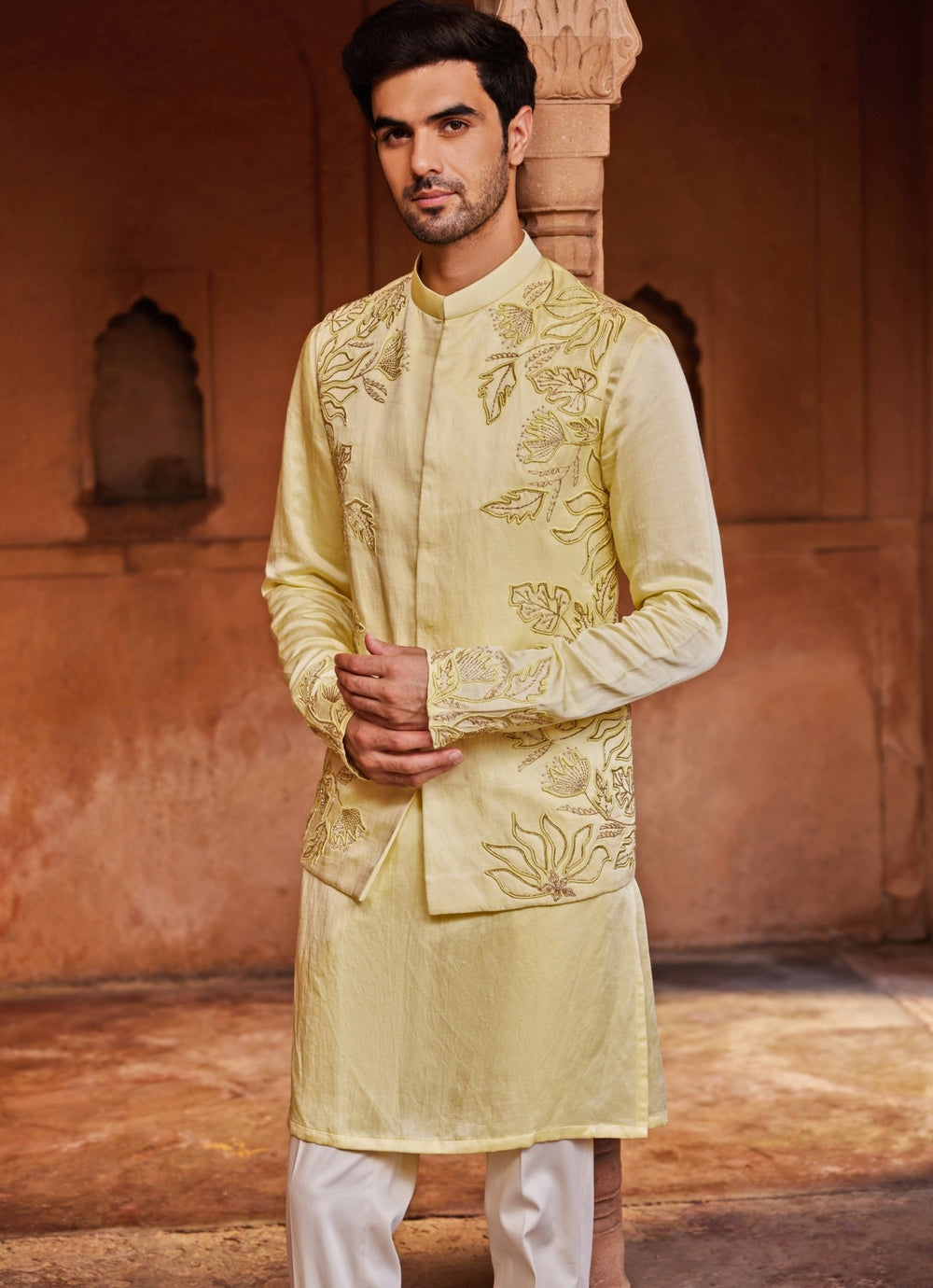 Yellow Embroidered Nehru Jacket Set Contrast By Parth - Fabilicious Fashion