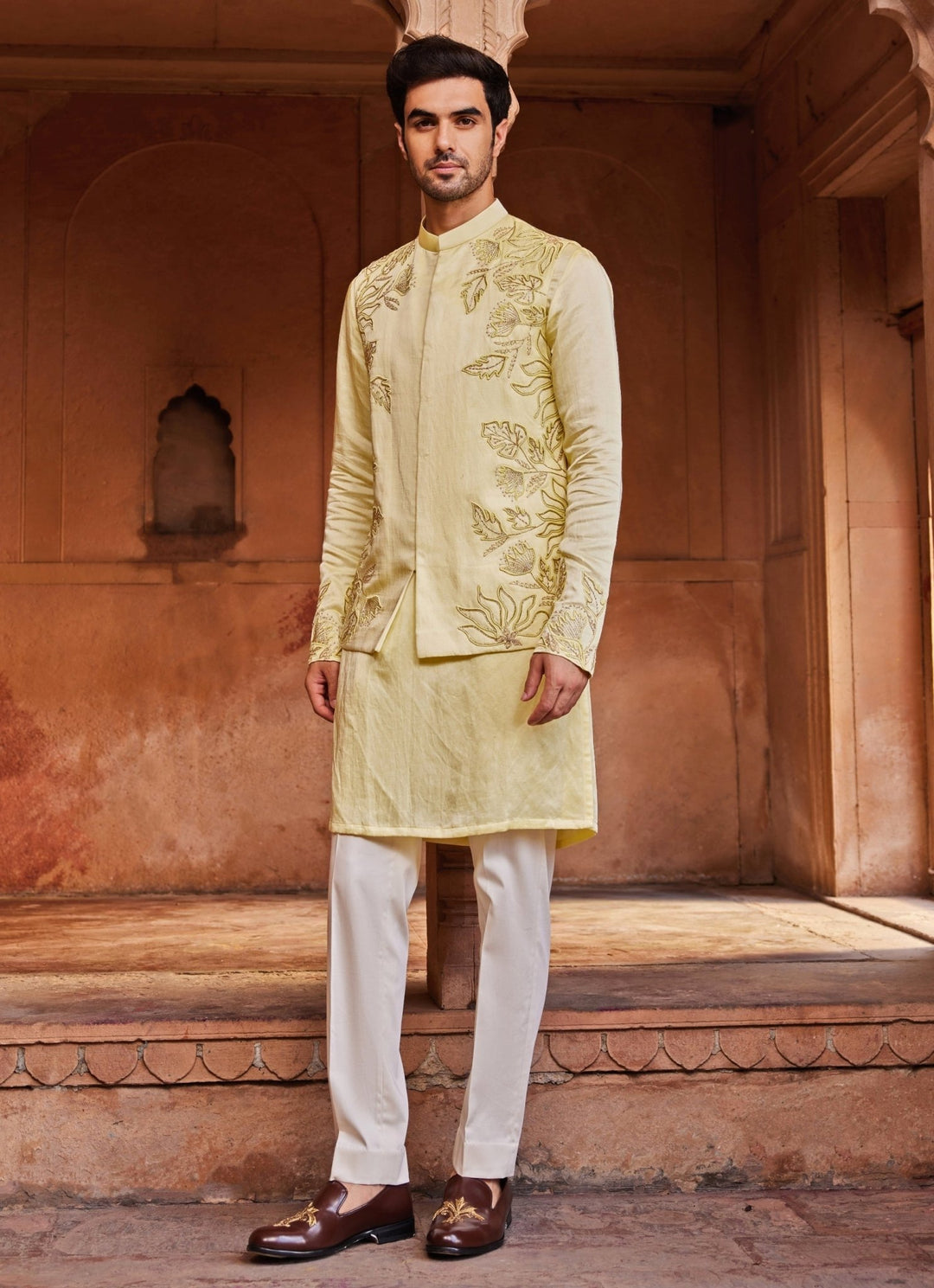 Yellow Embroidered Nehru Jacket Set Contrast By Parth - Fabilicious Fashion