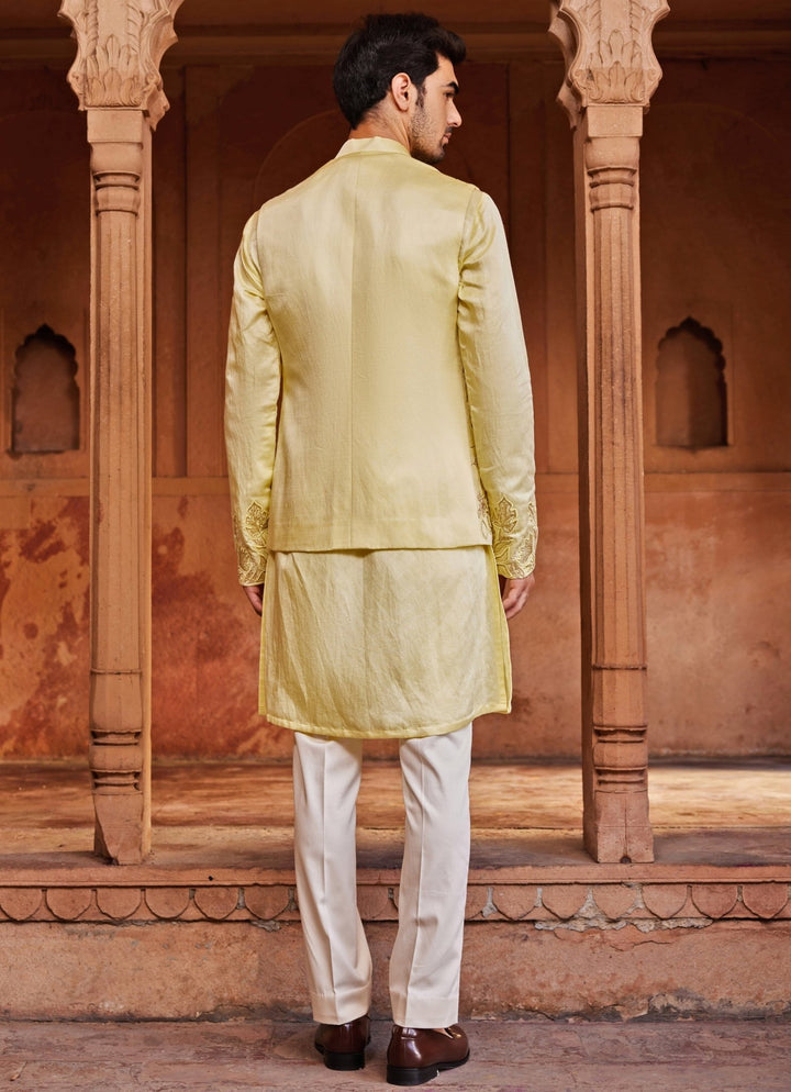 Yellow Embroidered Nehru Jacket Set Contrast By Parth - Fabilicious Fashion