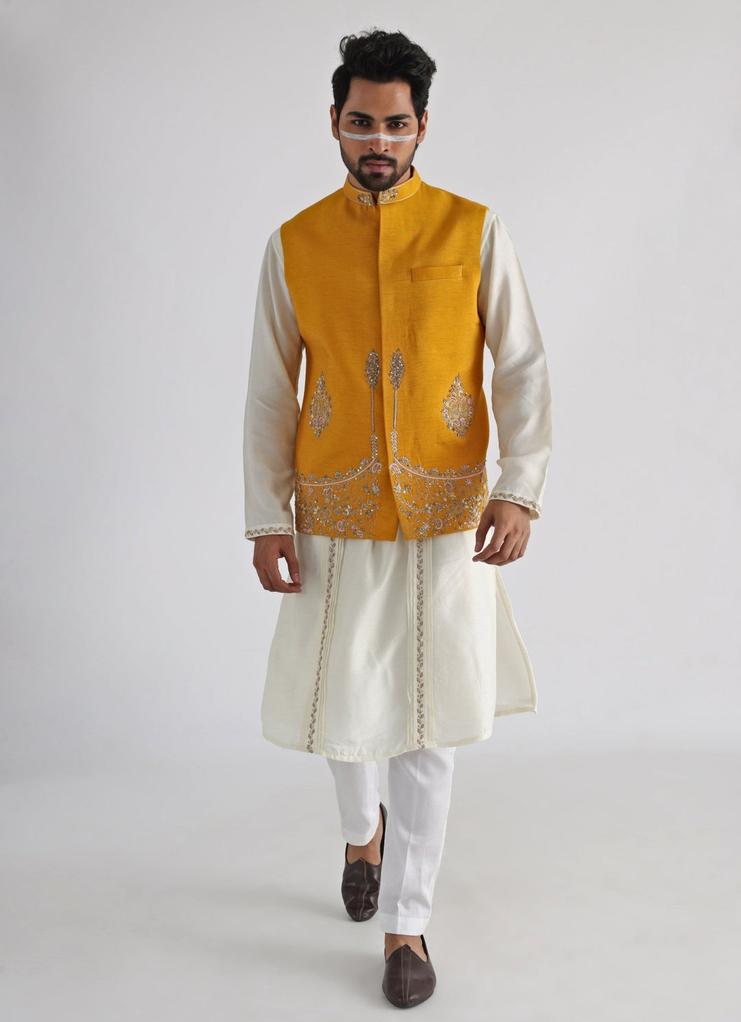 Yellow Embroidered Nehru Jacket With Off White Kurta Set Smriti - Fabilicious Fashion