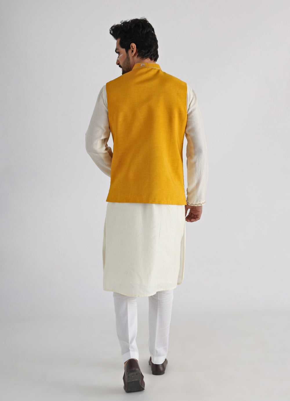 Yellow Embroidered Nehru Jacket With Off White Kurta Set Smriti - Fabilicious Fashion
