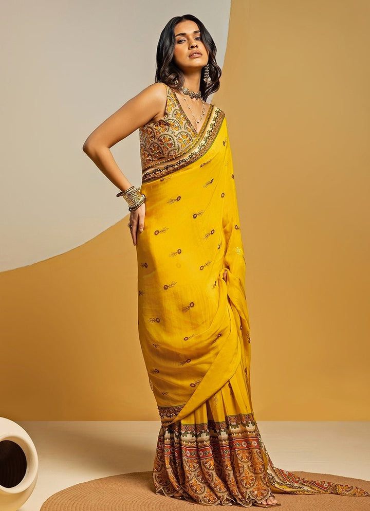 Yellow Embroidered Organza Pre - Drape Saree Set Soup by Sougat Paul - Fabilicious Fashion