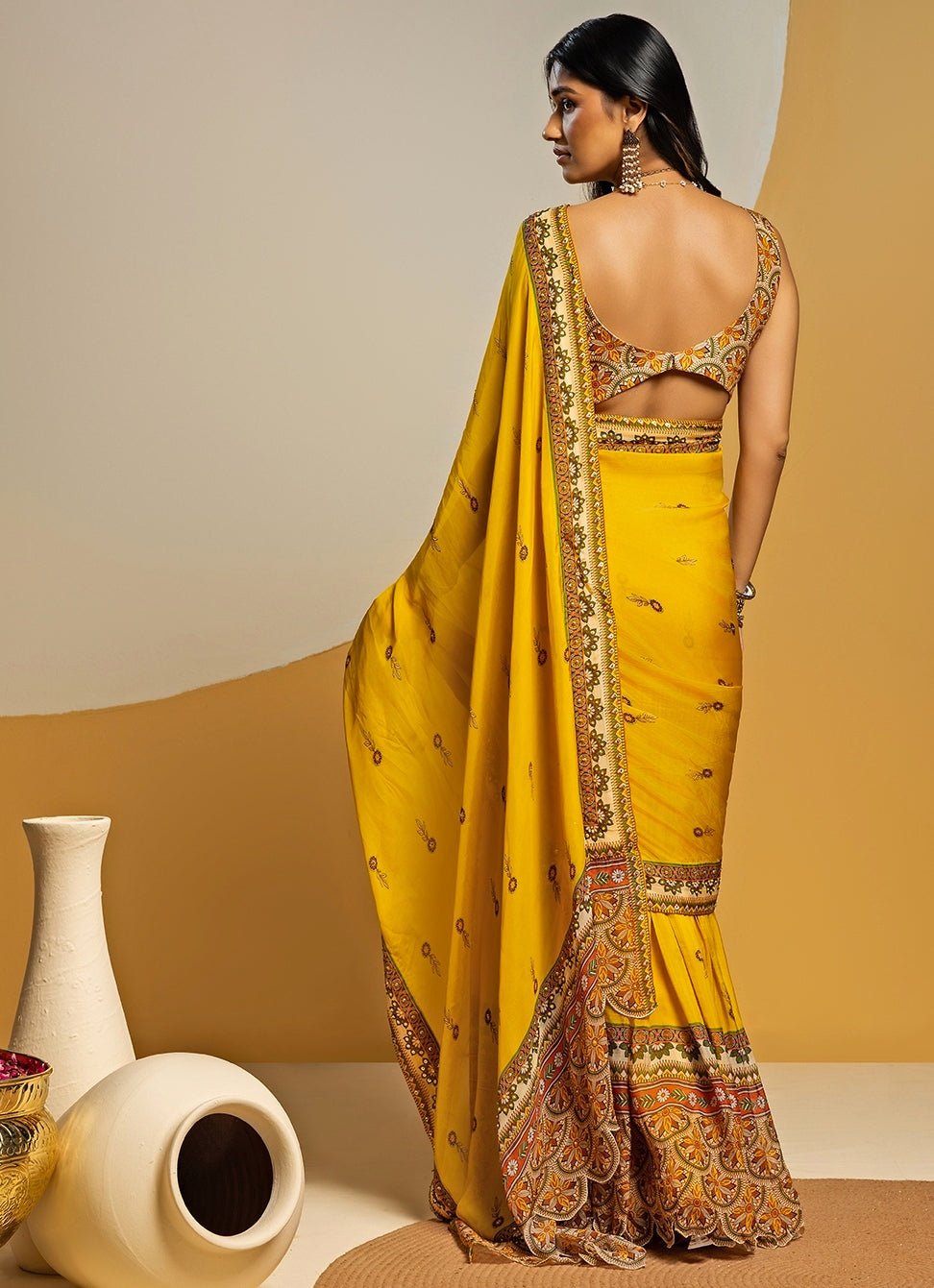 Yellow Embroidered Organza Pre - Drape Saree Set Soup by Sougat Paul - Fabilicious Fashion