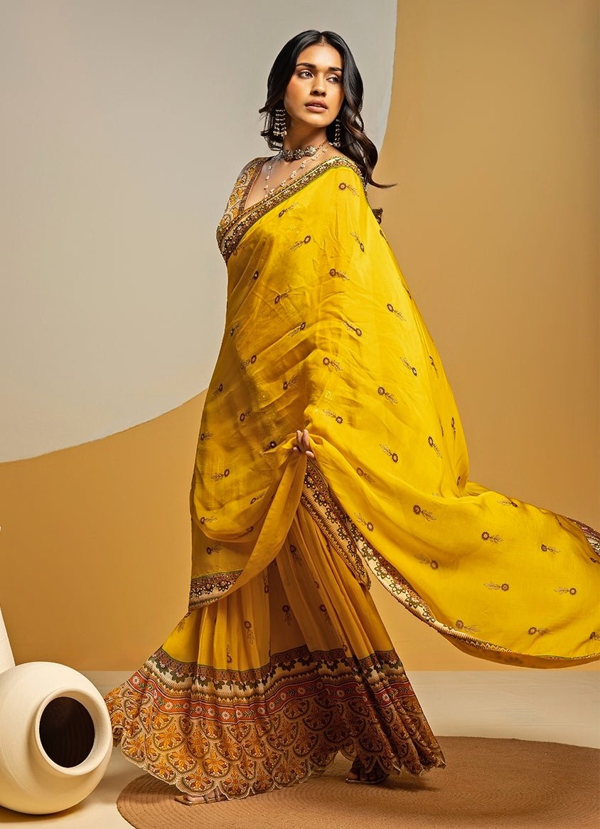 Yellow Embroidered Organza Pre - Drape Saree Set Soup by Sougat Paul - Fabilicious Fashion