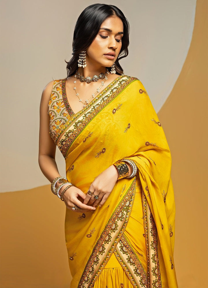Yellow Embroidered Organza Pre - Drape Saree Set Soup by Sougat Paul - Fabilicious Fashion