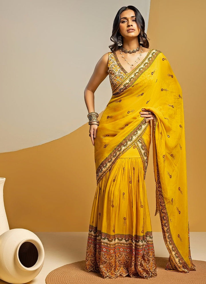Yellow Embroidered Organza Pre - Drape Saree Set Soup by Sougat Paul - Fabilicious Fashion