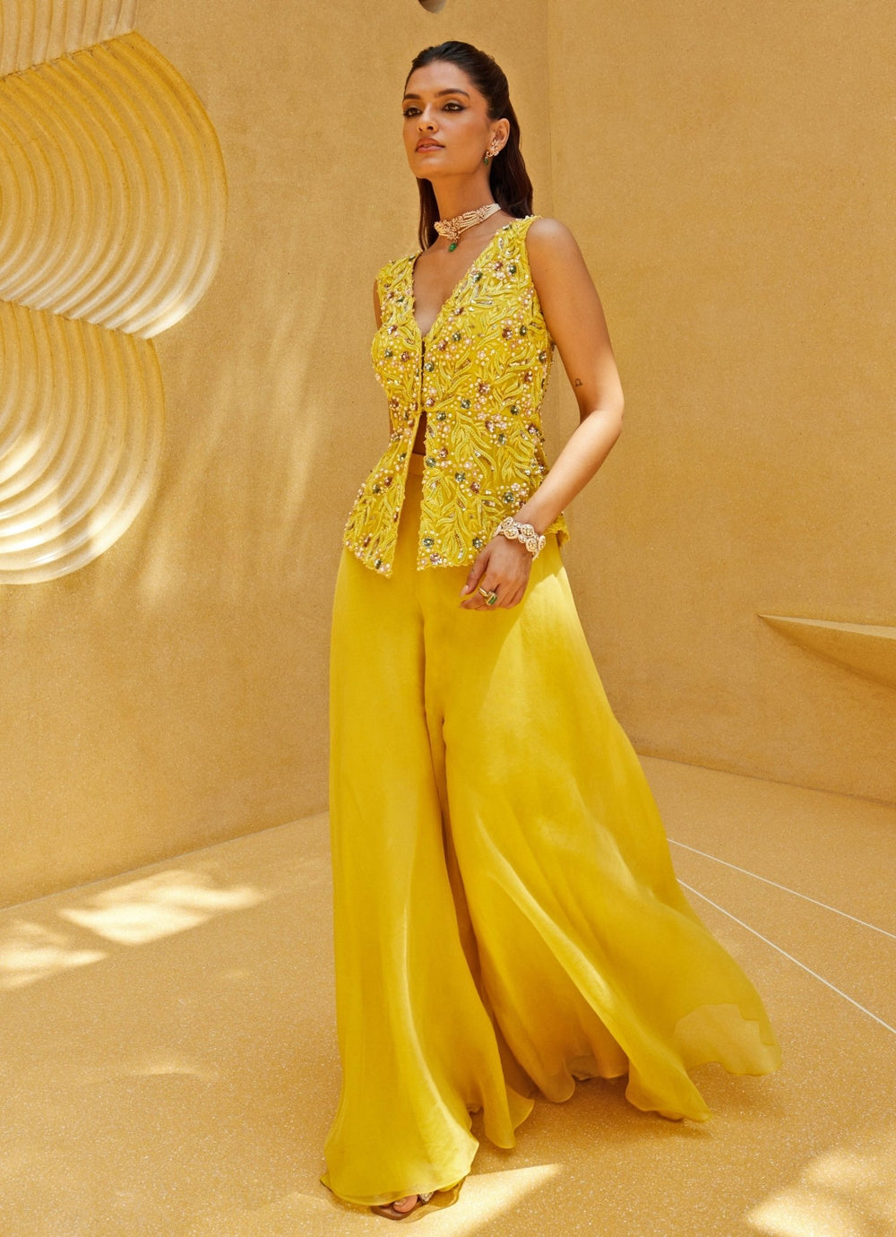 Yellow Embroidered Pant Jacket Set Prevasu - Fabilicious Fashion