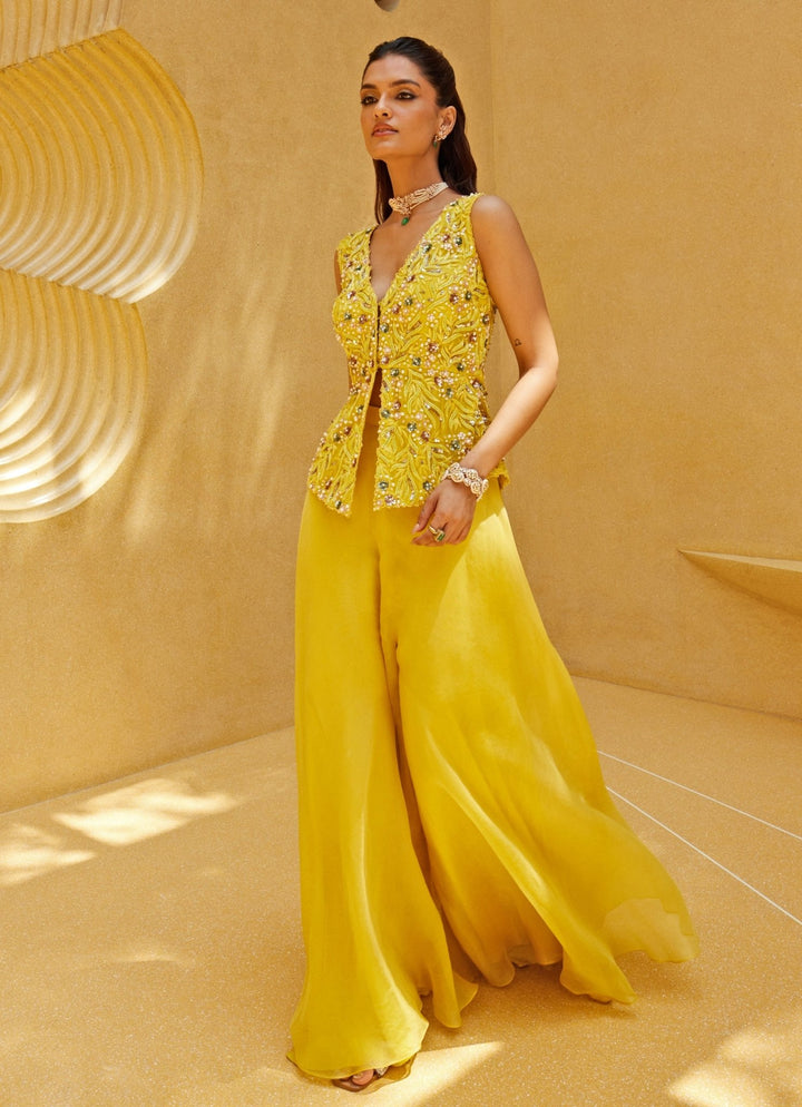 Yellow Embroidered Pant Jacket Set Prevasu - Fabilicious Fashion