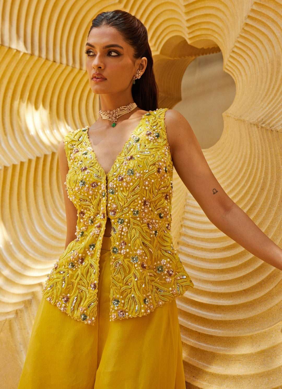 Yellow Embroidered Pant Jacket Set Prevasu - Fabilicious Fashion