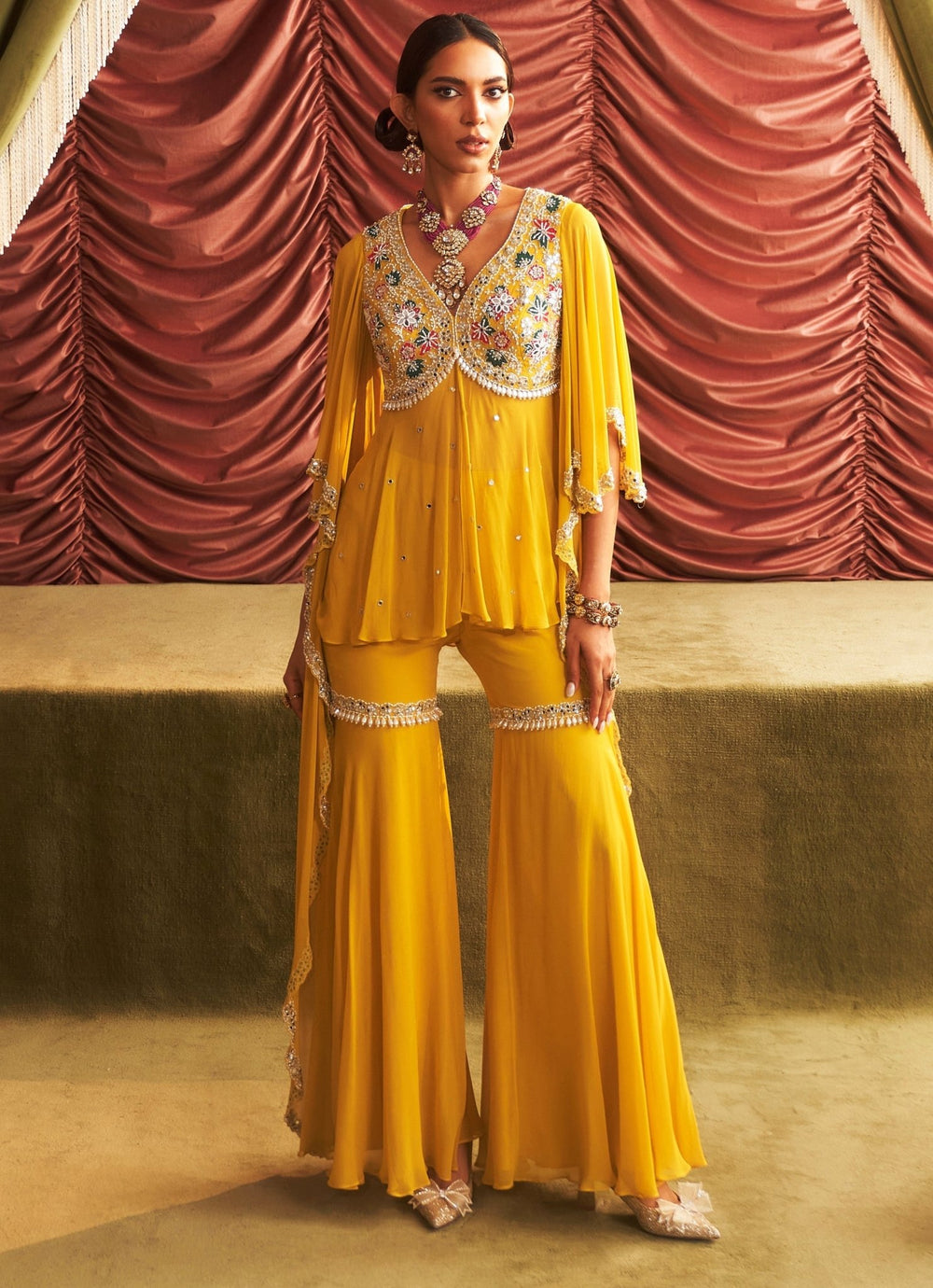 Yellow Embroidered Peplum Top And Gharara Seema Thukral - Fabilicious Fashion