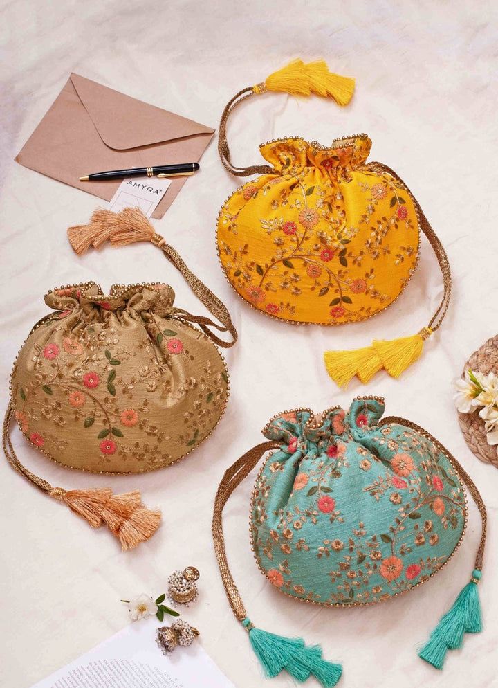 Yellow Embroidered Potli AMYRA - Fabilicious Fashion