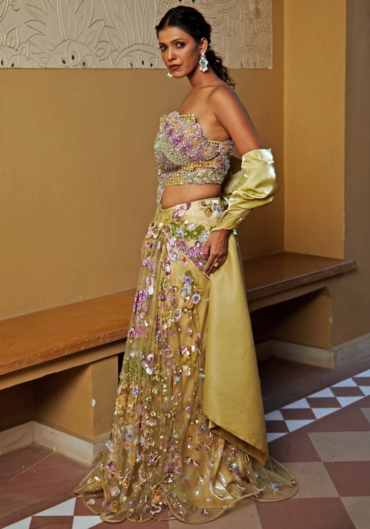 Yellow Embroidered Pre - Draped Skirt Saree With Corset Blouse Moledro - Fabilicious Fashion