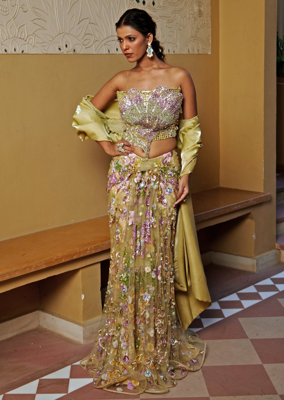 Yellow Embroidered Pre - Draped Skirt Saree With Corset Blouse Moledro - Fabilicious Fashion