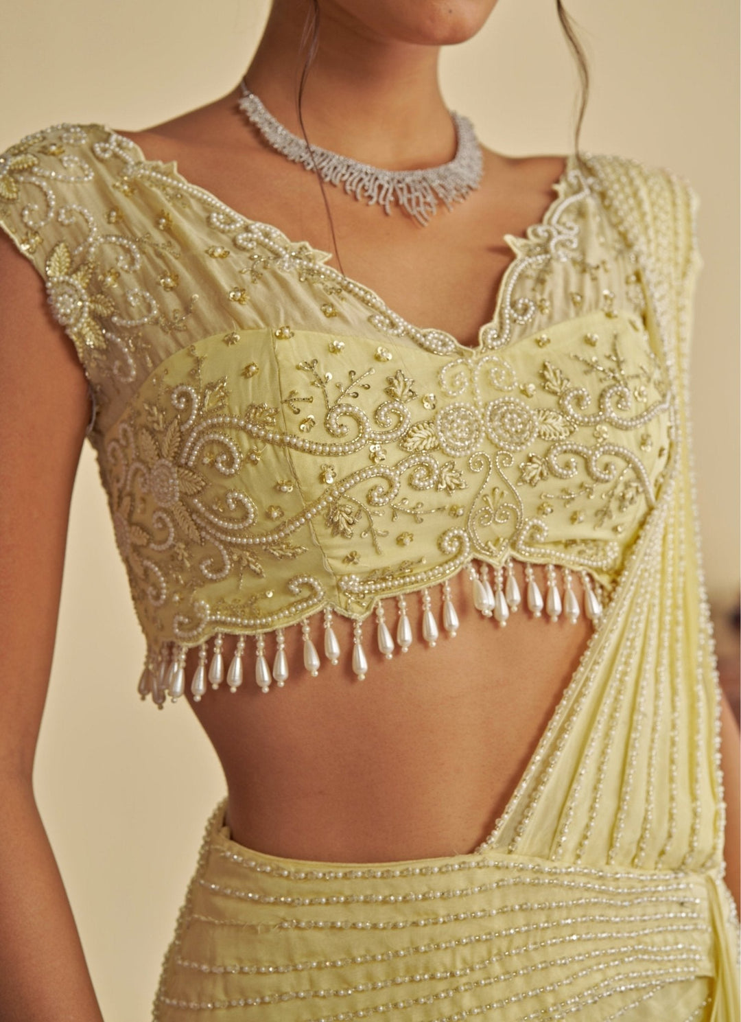 Yellow Embroidered Predraped Skirt Saree Jade by Ashima - Fabilicious Fashion